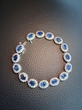 ​14K White Gold Natural Sapphire & Diamond HALO Bracelet 19 CTW AIG Appraised